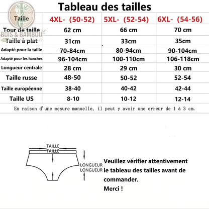Culotte en fibre de bambou imprimé floral grande taille dimension. Un tableau des tailles détaillé pour les modèles 4XL à 6XL, précisant les mesures de taille et de hanches.