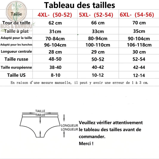 Culotte en fibre de bambou imprimé floral grande taille dimension. Un tableau des tailles détaillé pour les modèles 4XL à 6XL, précisant les mesures de taille et de hanches.