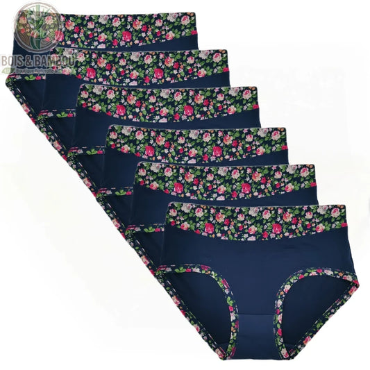 Culotte en fibre de bambou imprimé floral grande taille. Lot de six culottes bleu marine avec une large ceinture et des bordures élastiques ornées de motifs de roses roses et vertes.