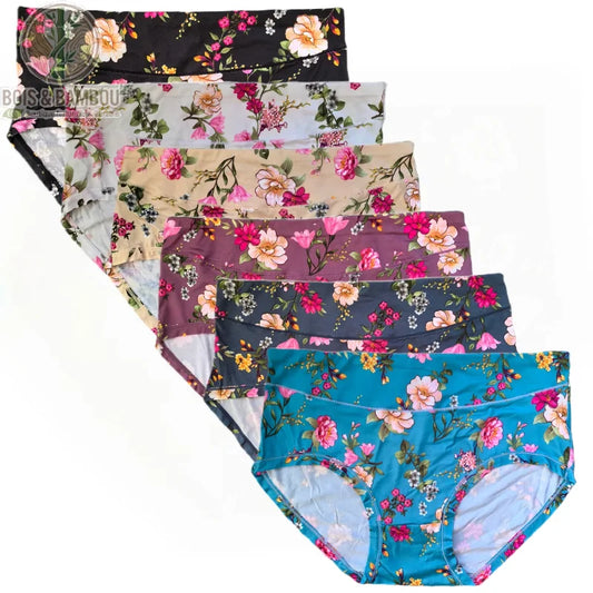 Culotte en fibre de bambou imprimé floral. Six culottes pour femmes aux motifs floraux variés et colorés, déclinées en noir, blanc, beige, prune, gris et bleu turquoise sur fond blanc.