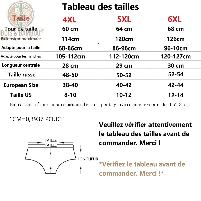 Culotte hipster en fibre de bambou grande taille dimension. Tableau de mesures pour les tailles 4XL, 5XL et 6XL, détaillant le tour de taille, les hanches et les tailles européennes.