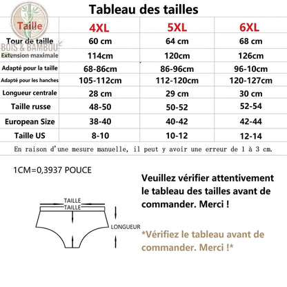 Culotte hipster en fibre de bambou grande taille dimension. Tableau de mesures pour les tailles 4XL, 5XL et 6XL, détaillant le tour de taille, les hanches et les tailles européennes.