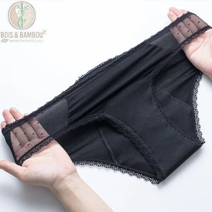 Détail intérieur culotte menstruelle brésilienne bambou gousset absorbant et panneaux latéraux en résille noire