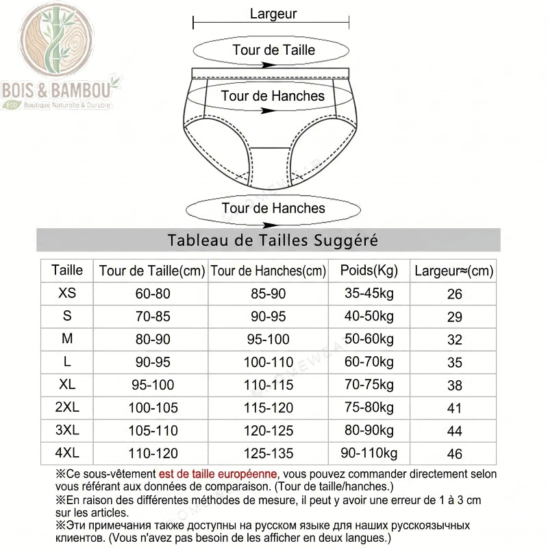 Culotte menstruelle brésilienne en bambou taille. Un guide illustré pour les mesures de taille et hanches, avec un tableau complet allant du XS au 4XL incluant poids et largeur.