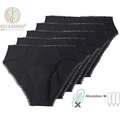 Culotte menstruelle brésilienne en bambou. Un lot de cinq culottes noires avec bordures en dentelle, accompagnées d'un pictogramme indiquant une absorption équivalente à trois tampons.