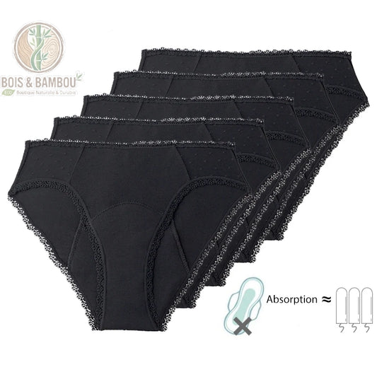Culotte menstruelle brésilienne en bambou. Un lot de cinq culottes noires avec bordures en dentelle, accompagnées d'un pictogramme indiquant une absorption équivalente à trois tampons.