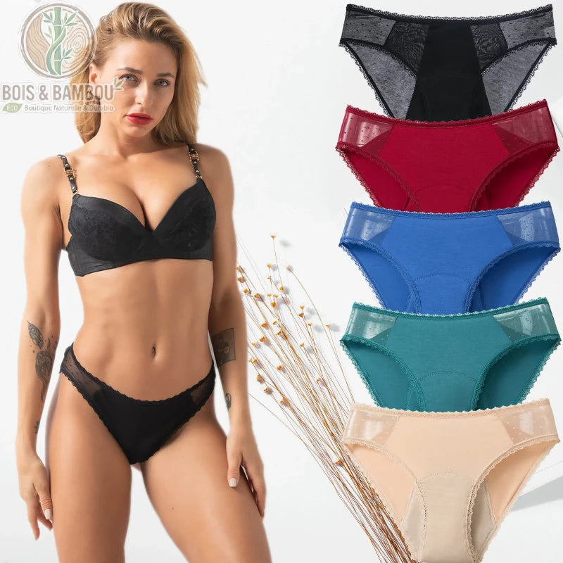Culotte menstruelle en fibre de bambou anti-fuite. Une femme en lingerie noire à côté d'une pile de culottes menstruelles colorées avec zones de protection et dentelle transparente.
