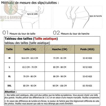 Culotte taille basse en fibre de bambou avec dentelle taille. Un guide illustré pour mesurer le tour de taille et de hanche, accompagné d'un tableau des tailles (M à XXL).