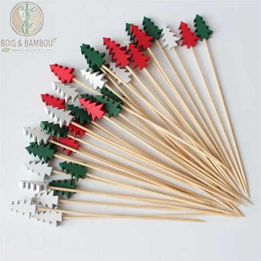 Piques apéritif bambou Noël mix 3 coloris sapin vert rouge blanc et flocon, lot 50 pièces