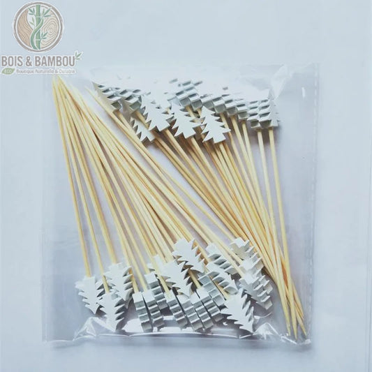 Piques bambou Noël motif sapin blanc lot 100 pièces, décoration buffet festif