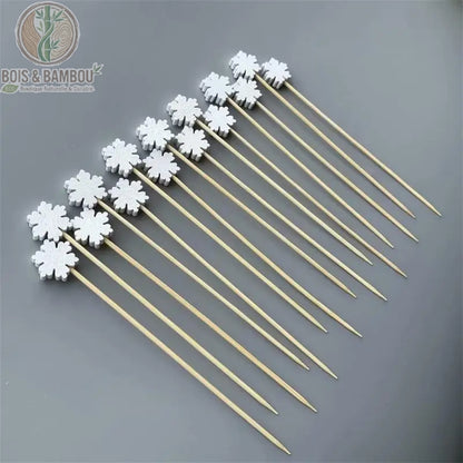 Piques bambou Noël motif flocon blanc lot 100 pièces, décoration hivernale minimaliste