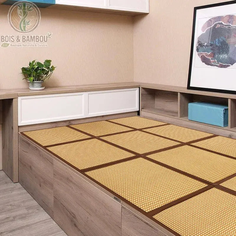 Dalle sol rotin naturel assemblées en tatami chambre style japonais intérieur moderne