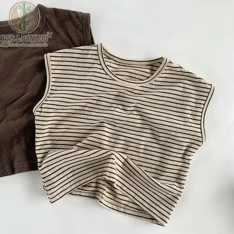 Débardeur bébé bambou sans manches rayé beige marron