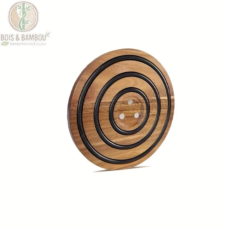 Dessous de Plat Magnétique en Bois d'Acacia lot de 1 pièce, vue de face fond neutre, motif anneaux concentriques gravés, bois naturel brun doré