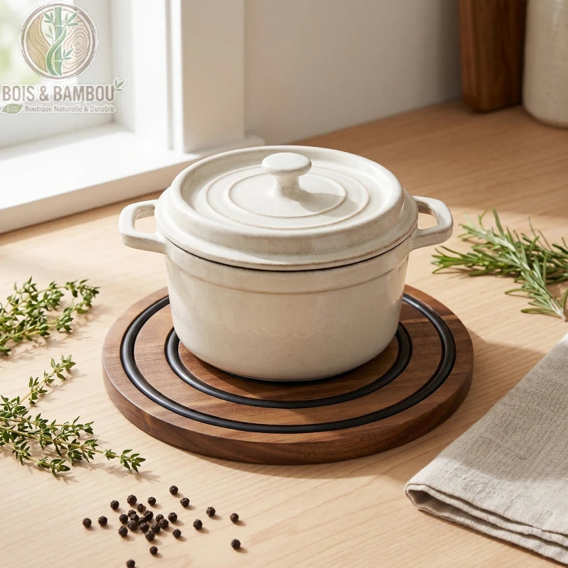 Dessous de Plat Magnétique en Bois d'Acacia sous une casserole fumante, mains avec gants de cuisine, vue plongeante, ambiance cuisine naturelle