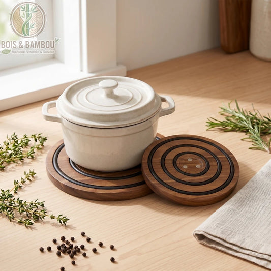 Dessous de Plat Magnétique en Bois d'Acacia, vue recto motif anneaux concentriques et verso silicone aimants, dimensions 20 cm indiquées