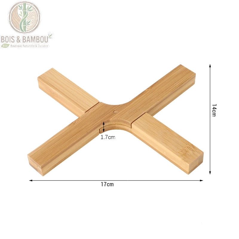 Dessous de Plat Pliable et Extensible en Bois Support Compact Antidérapant – vue du dessus support bois ouvert en X avec dimensions indiquées, 17x14 cm ajustable.
