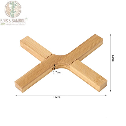 Dessous de Plat Pliable et Extensible en Bois Support Compact Antidérapant – vue du dessus support bois ouvert en X avec dimensions indiquées, 17x14 cm ajustable.