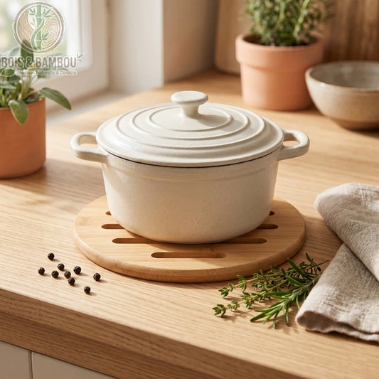 Dessous de Plat Rond en Bambou Ajouré, ambiance cuisine naturelle avec cocotte blanche sur plan de travail bois clair et plantes vertes