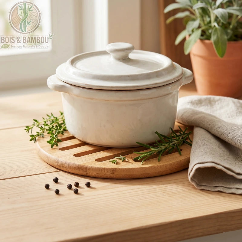 Dessous de Plat Rond en Bambou Ajouré sous une cocotte blanche sur plan de travail bois, brin de romarin et grains de poivre, décor cuisine naturelle