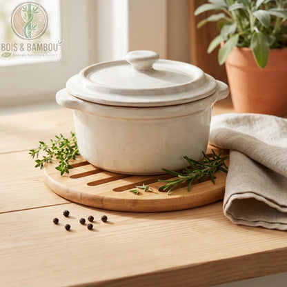 Dessous de Plat Rond en Bambou Ajouré sous une cocotte blanche sur plan de travail bois, brin de romarin et grains de poivre, décor cuisine naturelle