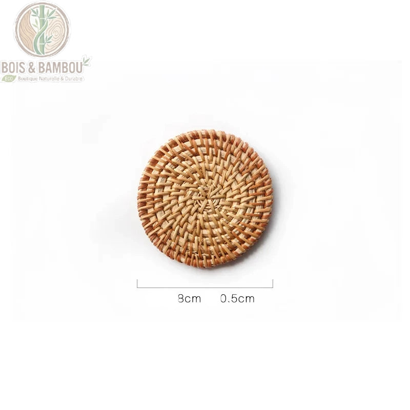 Dessous de Verre en Rotin Tissé Naturel Set Rond Bohème 3 Tailles – petit modèle 8 cm seul, napperon rotin naturel biodégradable, accessoire table écoresponsable.