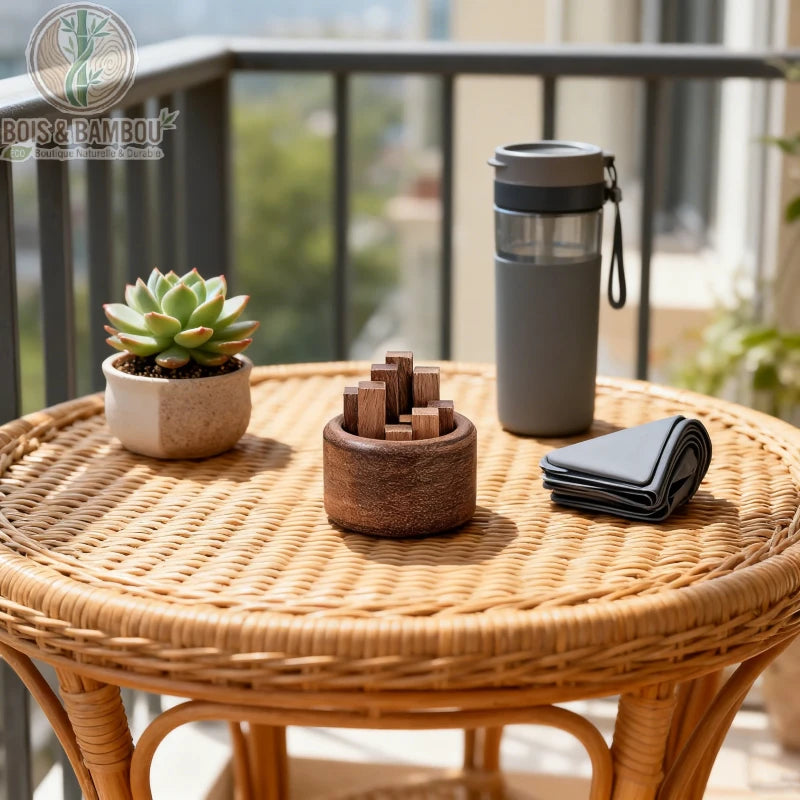 Diffuseur passif huiles essentielles noyer massif posé sur table en rotin avec plante verte