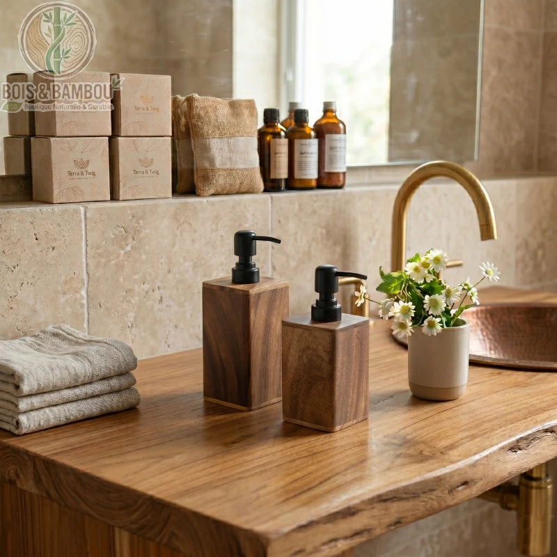 Distributeur de Savon en Bois. Un flacon rectangulaire en bois avec une pompe noire sur un plan de travail en bois. Près de lui se trouvent des serviettes et des fleurs.