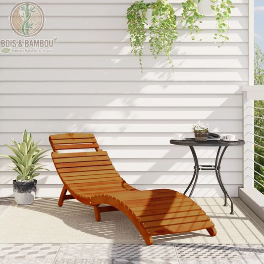 Duo de Chaises Longues en Acacia situation. Mise en situation d'une chaise longue en acacia sur une terrasse ensoleillée à côté d'une petite table noire et d'une plante en pot.