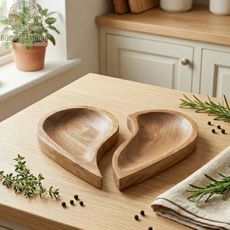 Duo de Plateaux Cœur Modulable en Bois de Manguier assemblés en grand cœur sur plan de travail bois clair, thym et romarin frais, torchon lin, ambiance cuisine naturelle
