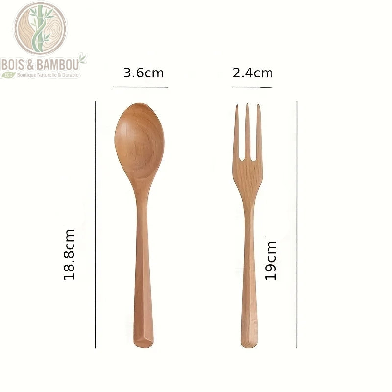 Couverts bois naturel dimensions cuillere fourchette, set artisanal dessert Bois et Bambou Eco
