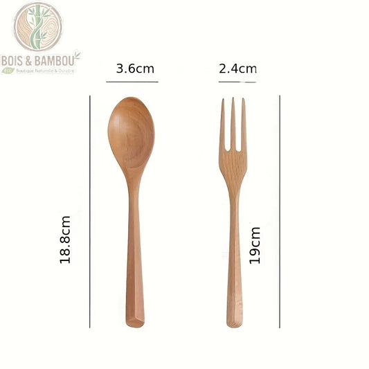Couverts bois naturel dimensions cuillere fourchette, set artisanal dessert Bois et Bambou Eco