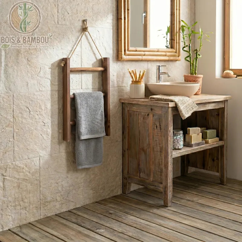Échelle Porte-Serviettes Murale suspendue par une corde sur un mur en pierre. Petite échelle décorative en bois brun avec serviette grise dans une salle de bain rustique et zen.