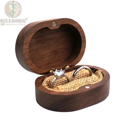 écrin bague bois noyer massif ovale couvercle ouvert intérieur jute deux bagues