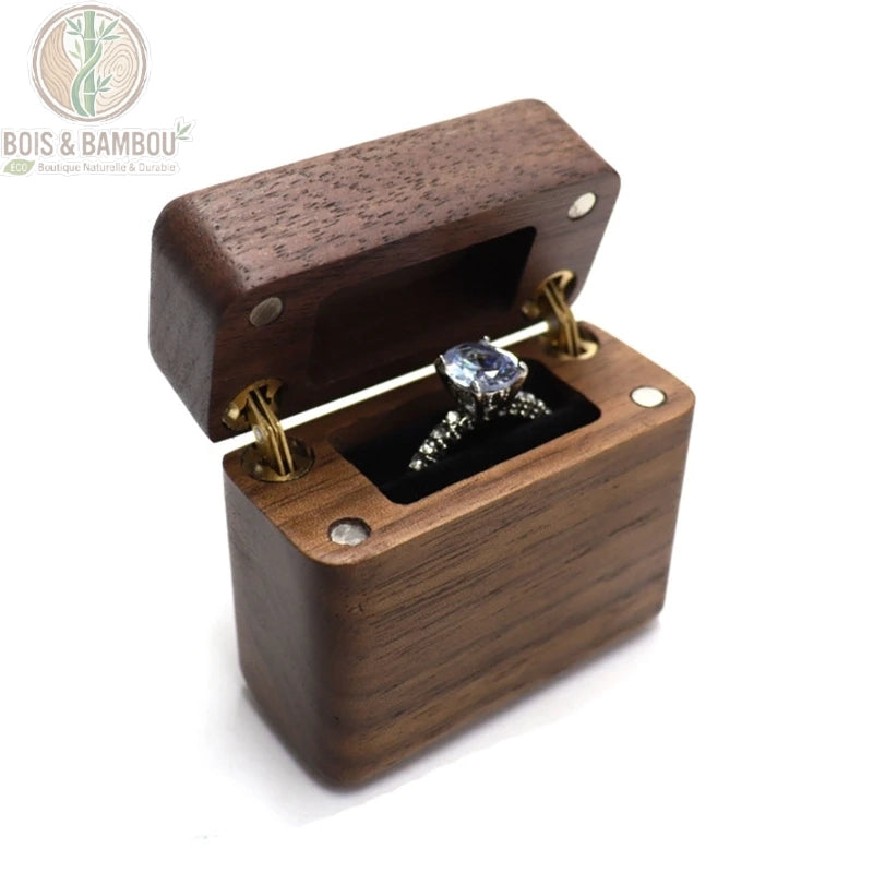 écrin bague bois noyer massif coffre rectangulaire charnières laiton velours noir une bague