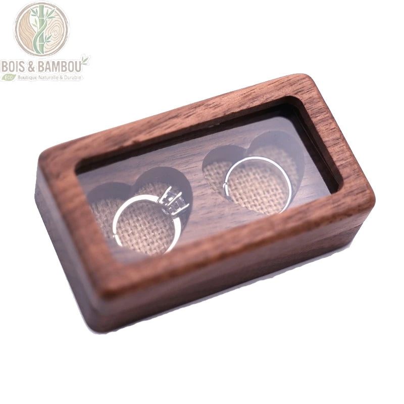 écrin bague bois noyer massif rectangulaire plat couvercle transparent intérieur jute deux alliances