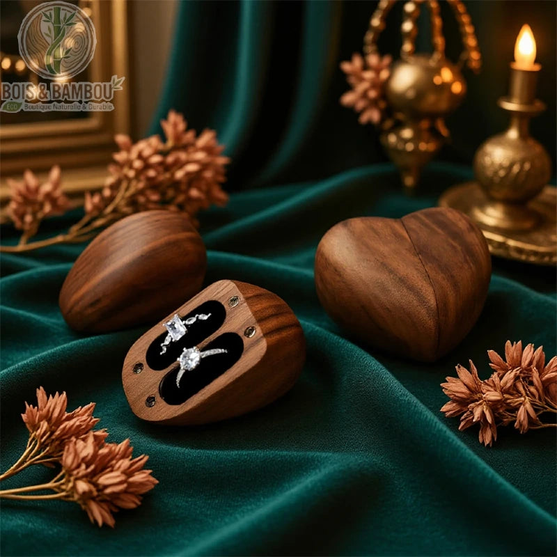 écrin bague bois noyer massif forme amande couvercle ouvert velours noir deux bagues mise en scène luxe