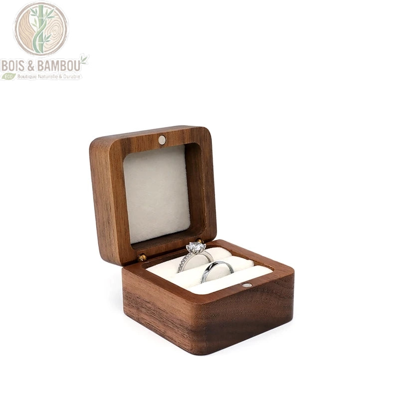 écrin bague bois noyer massif carré couvercle vitré intérieur velours beige deux bagues