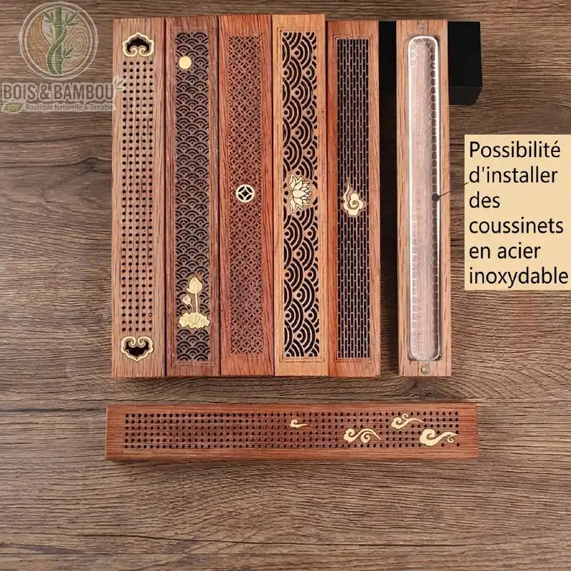 Encensoir en Bois de Santal, une collection d'élégants boîtiers en bois précieux avec couvercles ajourés, montrant des motifs traditionnels variés et un intérieur en maille d'acier inoxydable pour une utilisation sécurisée avec des bâtonnets d'encens.