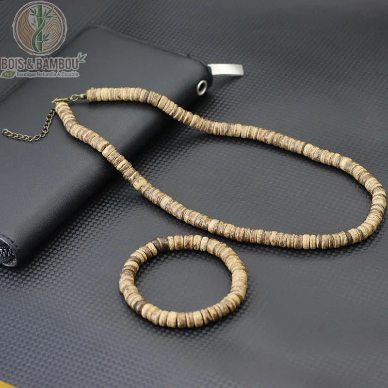 ensemble collier bracelet perles rondelles noix de coco beige naturel clair homme