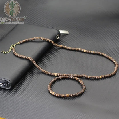 ensemble collier bracelet perles rondes marron foncé accents dorés bois coco homme