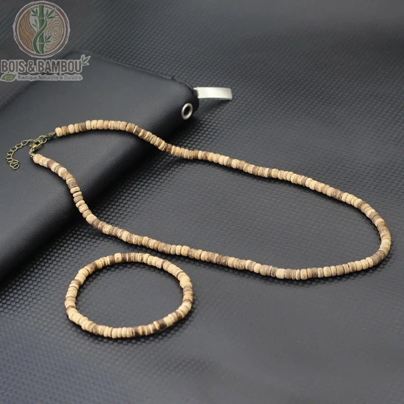 ensemble collier bracelet perles rondelles heishi bois coco sable beige clair homme