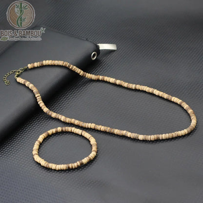 ensemble collier bracelet perles rondelles heishi bois coco sable beige clair homme