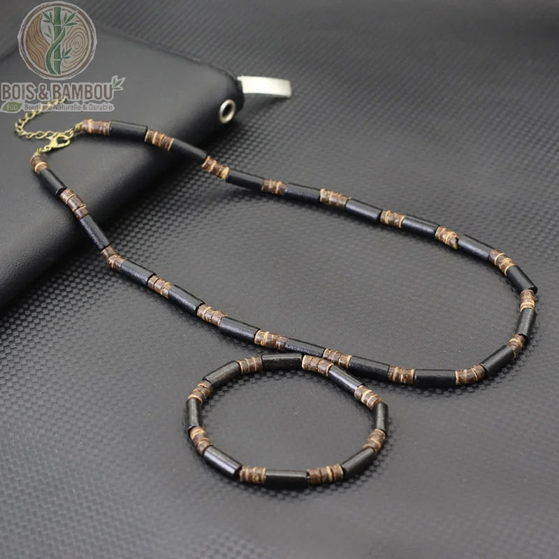 ensemble collier bracelet perles cylindriques noires intercalaires cuivrés bois coco homme