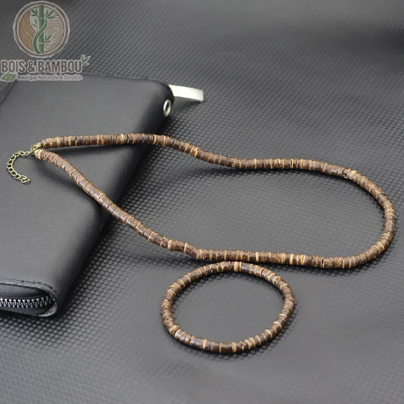ensemble collier bracelet perles rondelles marron moyen uniforme bois noix de coco homme