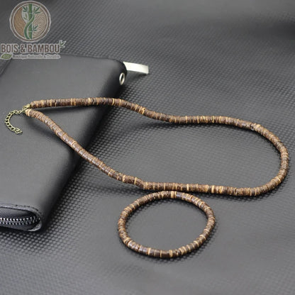 ensemble collier bracelet perles rondelles marron moyen uniforme bois noix de coco homme