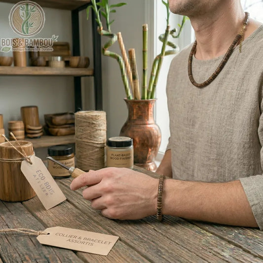 Ensemble collier et bracelet en bois et coco portés par un artisan menuisier tenant un outil dans son atelier d'ébénisterie.