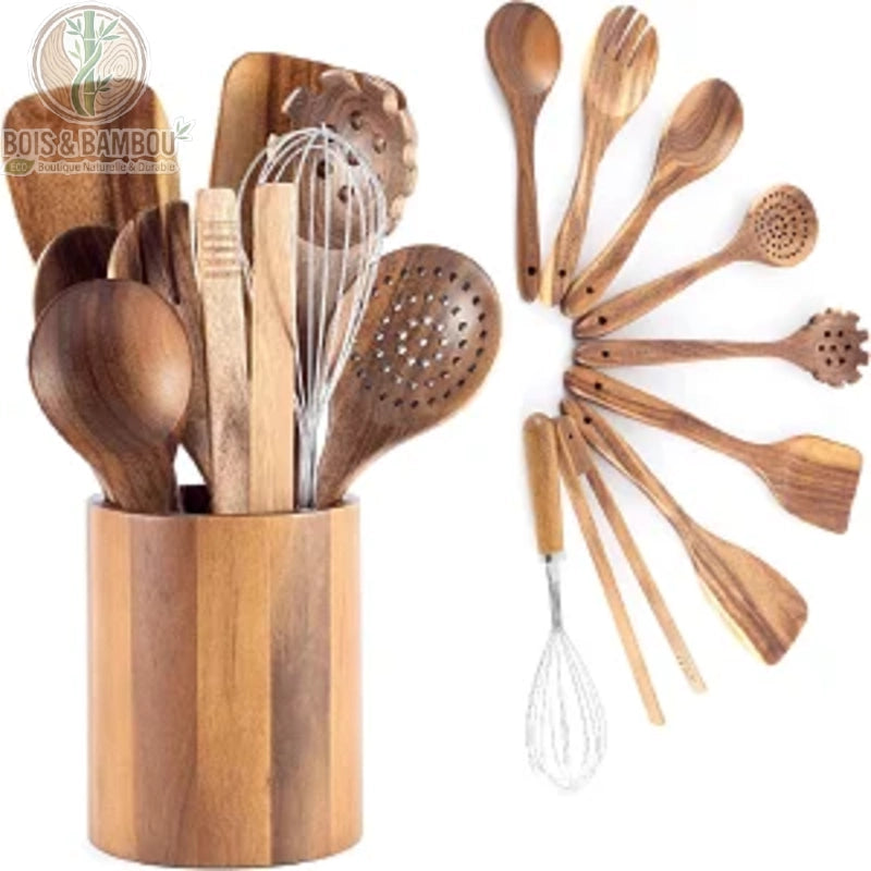Ensemble d'ustensiles de cuisine en bois de teck massif