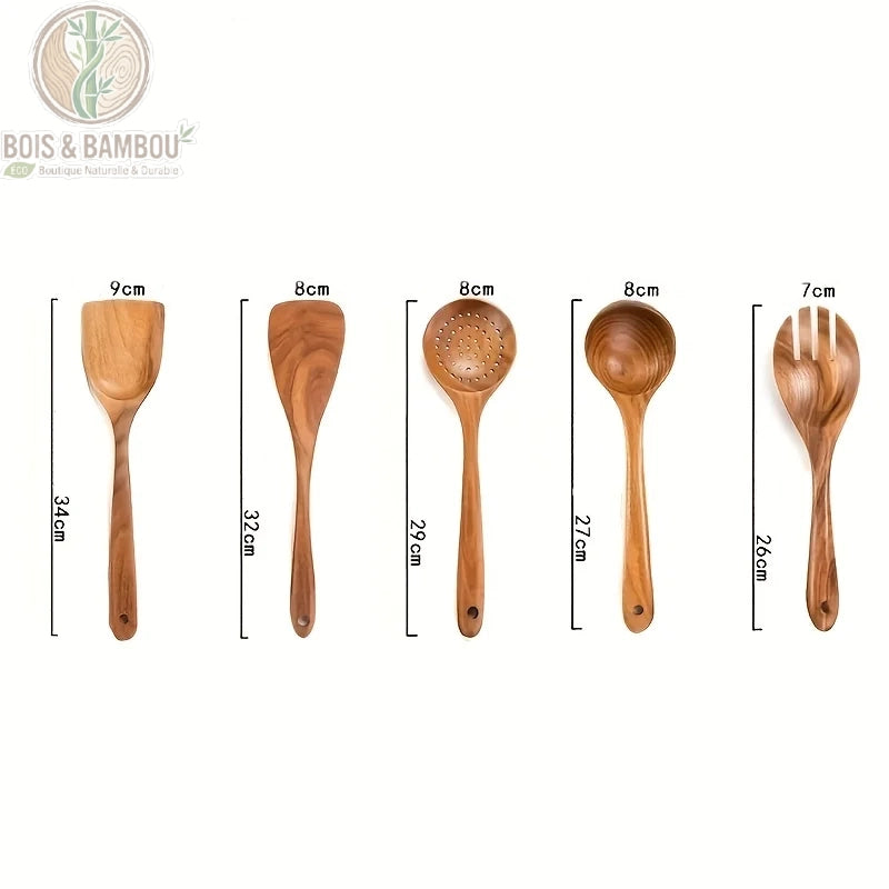Ensemble 5 ustensiles bois naturel dimensions 26 a 34 cm spatules ecumoire louche fourchette, Bois et Bambou Eco