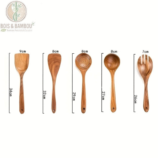 Ensemble 5 ustensiles bois naturel dimensions 26 a 34 cm spatules ecumoire louche fourchette, Bois et Bambou Eco